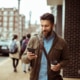 Man walking with coffee and using smartphone in city street