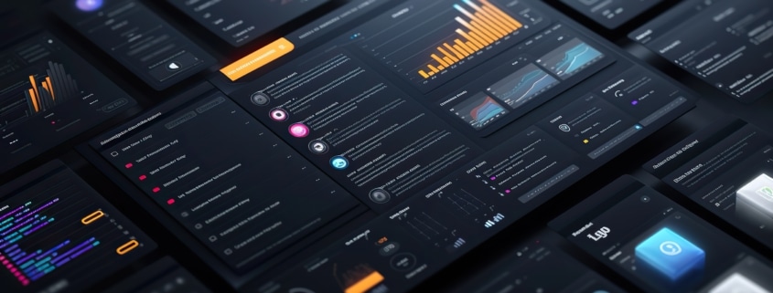 A collection of sophisticated user interface screens displaying analytics and data visualization in a sleek, dark mode theme