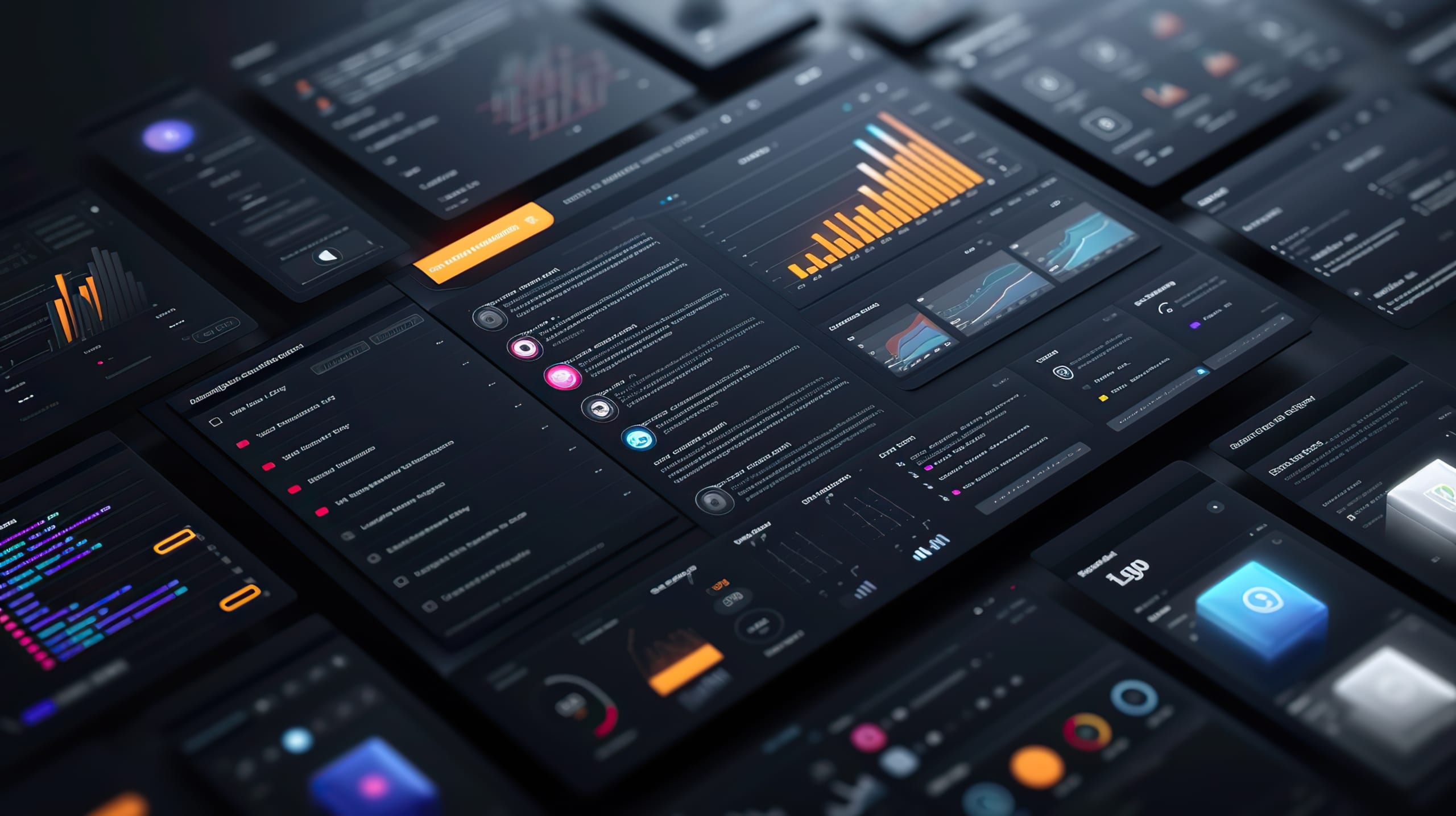 A collection of sophisticated user interface screens displaying analytics and data visualization in a sleek, dark mode theme