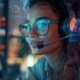 In a modern office, a cheerful woman wearing glasses and a headset provides customer service using the latest technology in a call center setting She appears professional and engaged