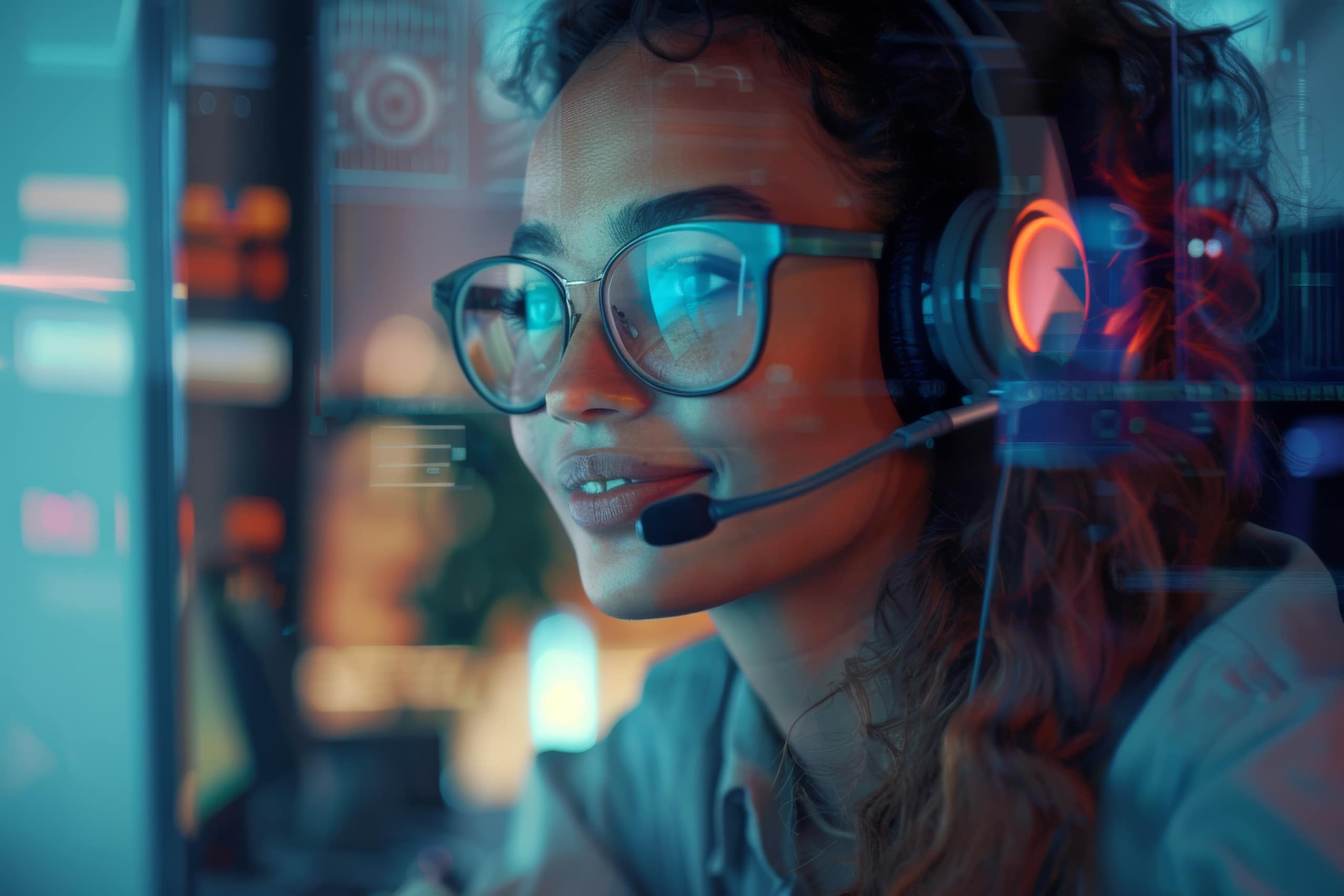 In a modern office, a cheerful woman wearing glasses and a headset provides customer service using the latest technology in a call center setting She appears professional and engaged
