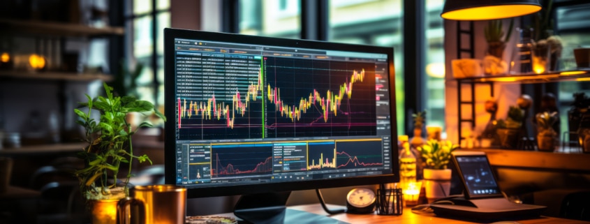AI Enhanced Stock Analysis: Sleek Office Setup with Advanced Trading Monitor