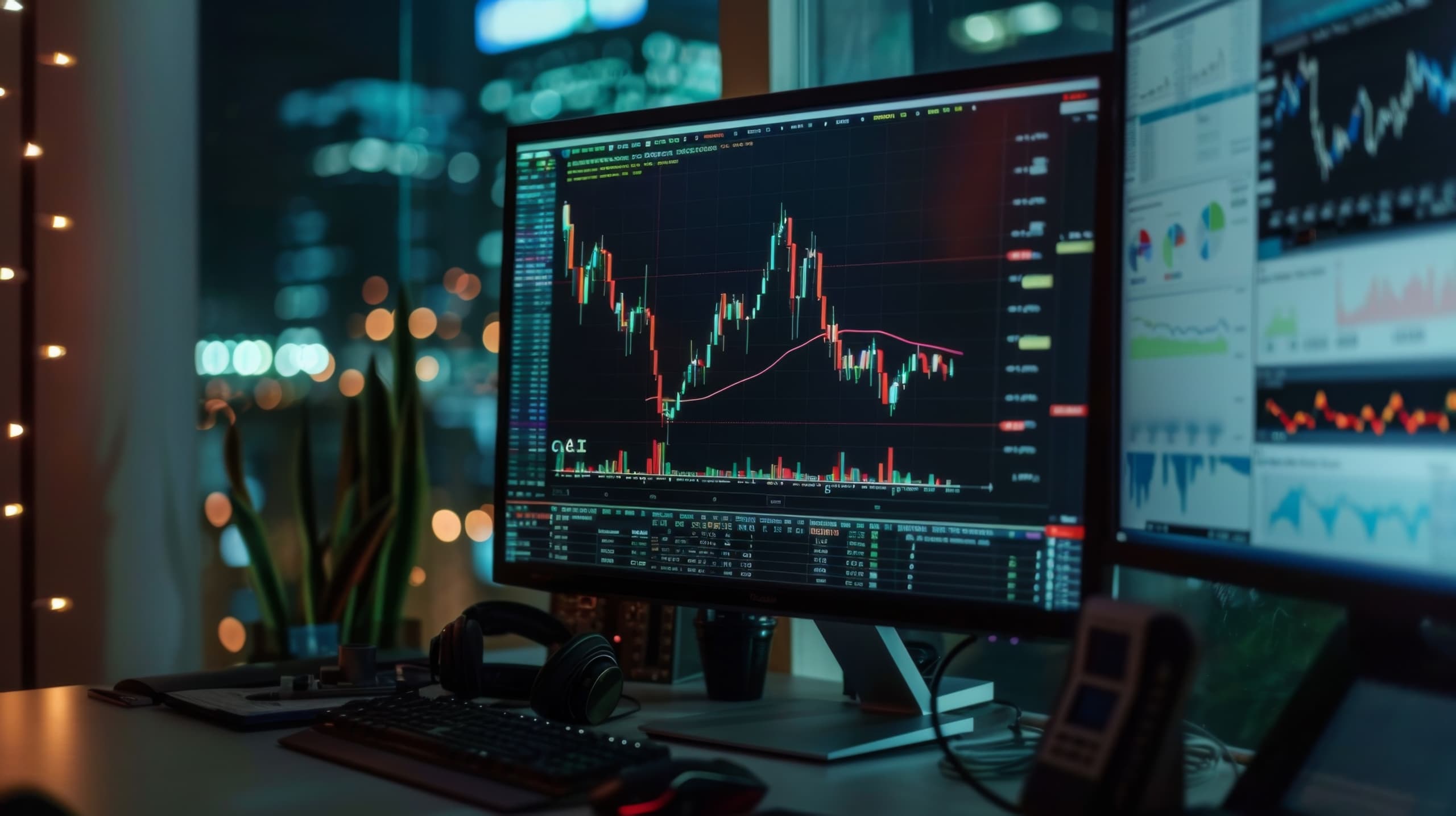 Charts of financial instruments with various type of indicators including volume analysis for professional technical analysis on the monitor of a computer