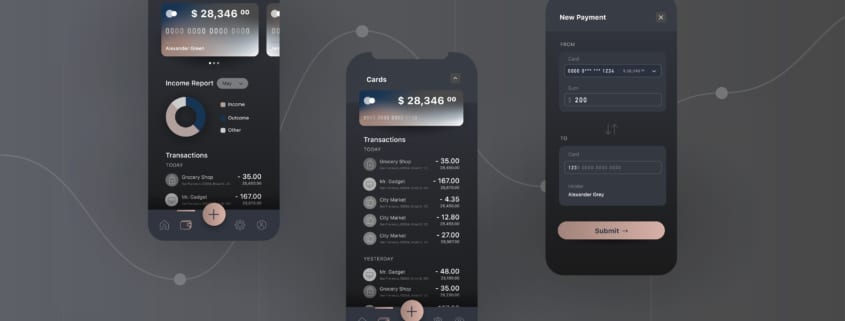 Mobile banking application user interface, screen layouts for cards and transitions on scroll, payment modal, dark colour design with tab bar