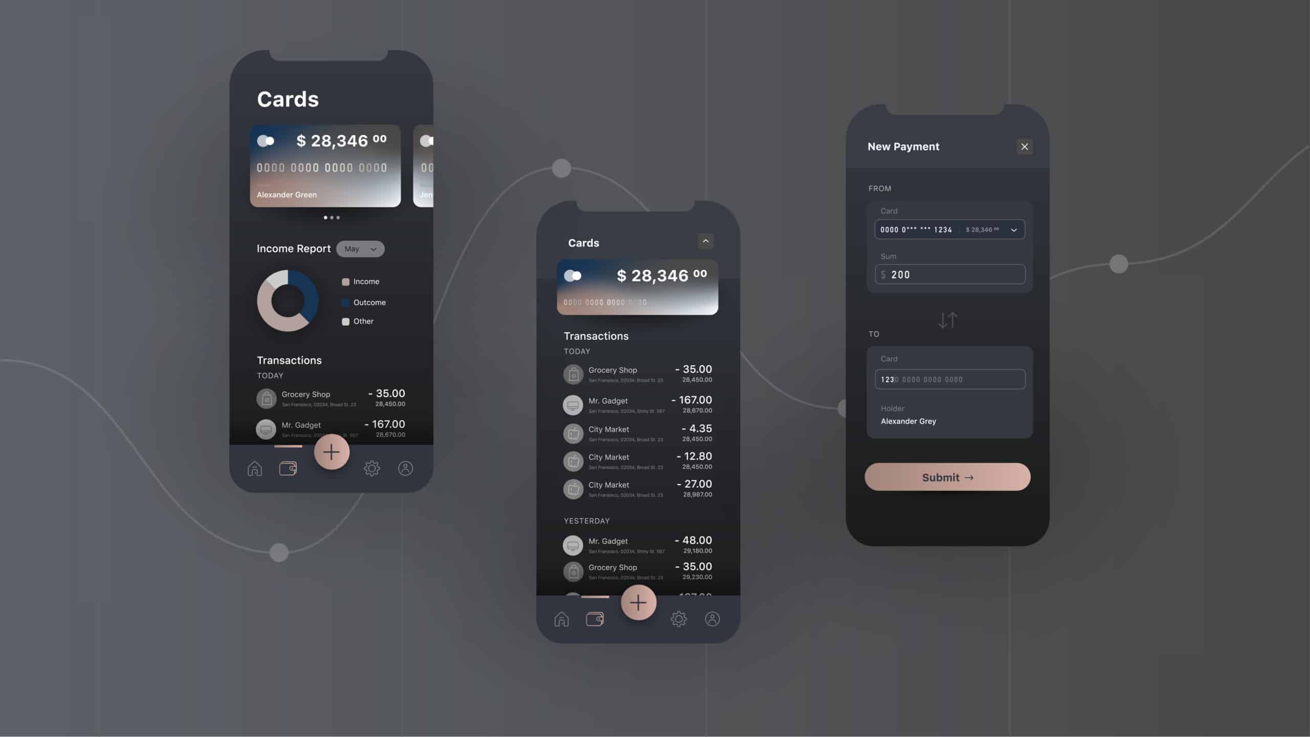 Mobile banking application user interface, screen layouts for cards and transitions on scroll, payment modal, dark colour design with tab bar